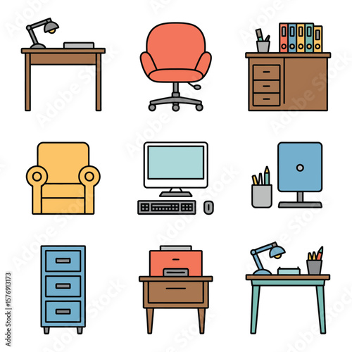 Collection of flat design office furniture and equipment icons for workspace and home office setup