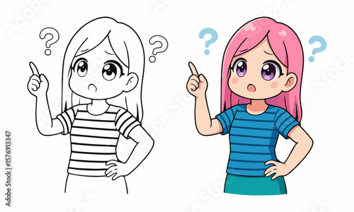 woman while thinking gesture with question marks coloring page for kids