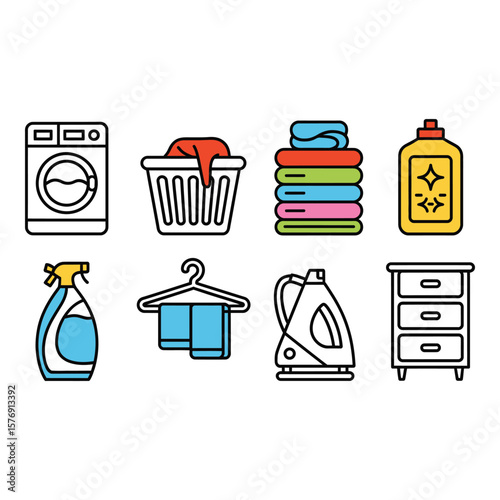 Collection of laundry service icons including washing machine laundry basket folded clothes detergent sprayer hanger and cabinet