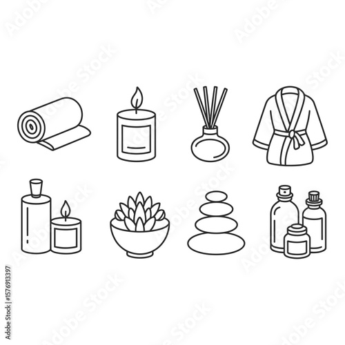Collection of line art icons representing spa and wellness elements for relaxation and self care