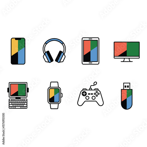Collection of modern electronic device icons with colorful abstract screen designs on a light gray background