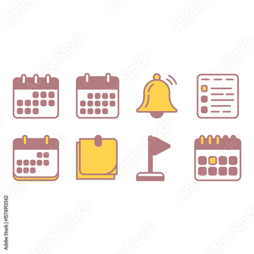 Collection of modern flat icons representing calendar events reminders notes and goals with a pastel color scheme