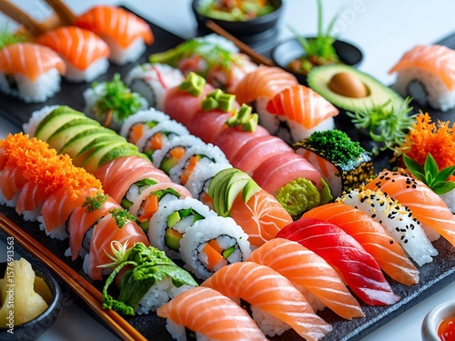 Delicious assortment of fresh sushi and rolls on a black plate