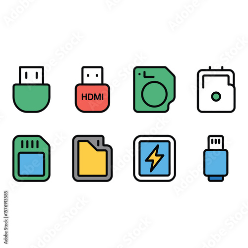 Collection of modern flat icons representing various digital connectors and storage devices