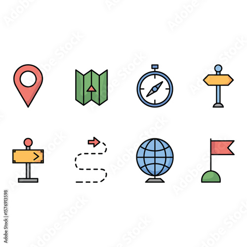 Collection of navigation and travel icons including map compass globe and destination markers