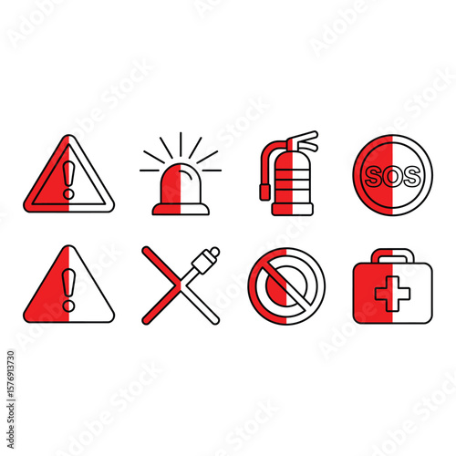 Collection of red and white emergency and safety icons including warning signs and first aid kit