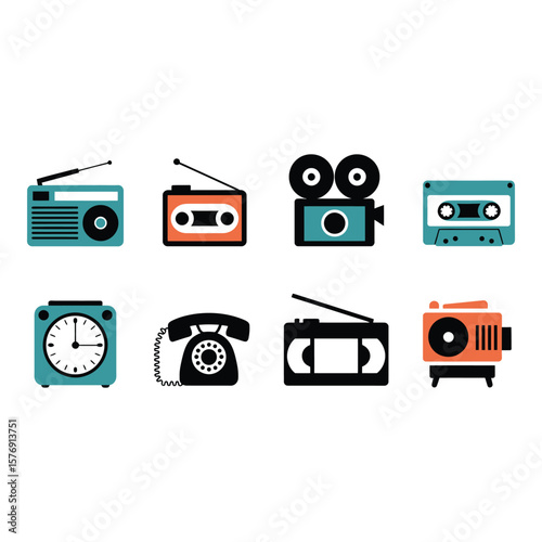 Collection of retro technology icons including radios cameras cassette tapes and telephones