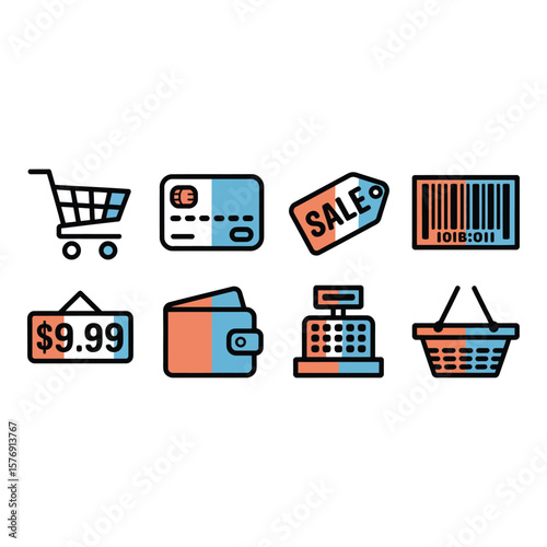 Collection of shopping and retail icons including a cart credit card sale tag barcode price tag wallet cash register and basket