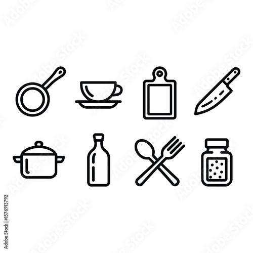 Collection of simple black line art icons representing kitchen utensils and dining items on a white background