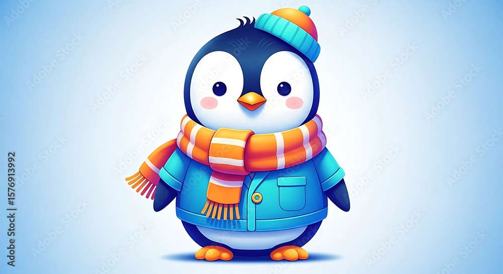 Cartoon penguin wearing a blue jacket, orange scarf, and matching hat against a light blue gradient background. Cartoon penguin wearing a blue jacket, orange scarf, and matching hat against a light blue gradient background.