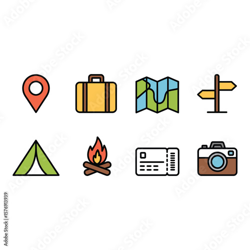 Collection of travel and adventure icons including a map suitcase tent campfire and camera