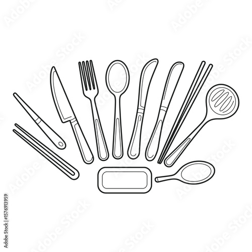 Collection of various cutlery and chopsticks arranged in a fan shape on a white background