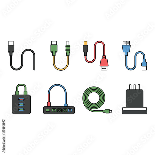 Collection of various electronic cables and adapters with different connectors and colors on white background