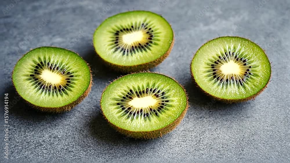 Freshly sliced kiwi fruit arranged on a textured surface with natural lighting, highlighting freshness