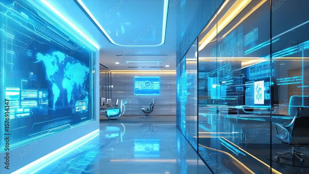 Futuristic office with holographic displays and interactive surfaces