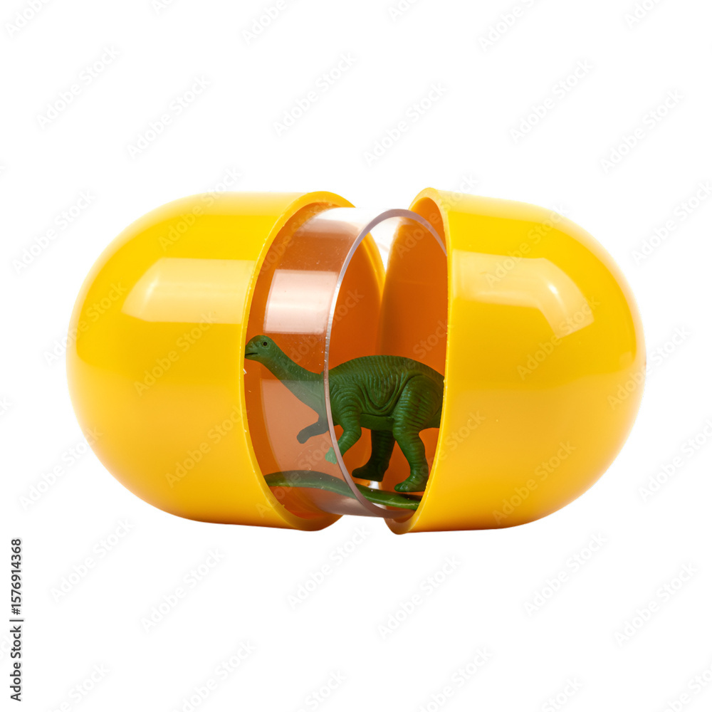Fototapeta premium Isolated 3D Rendering Green Toy Brontosaurus in Yellow Plastic Capsule Egg