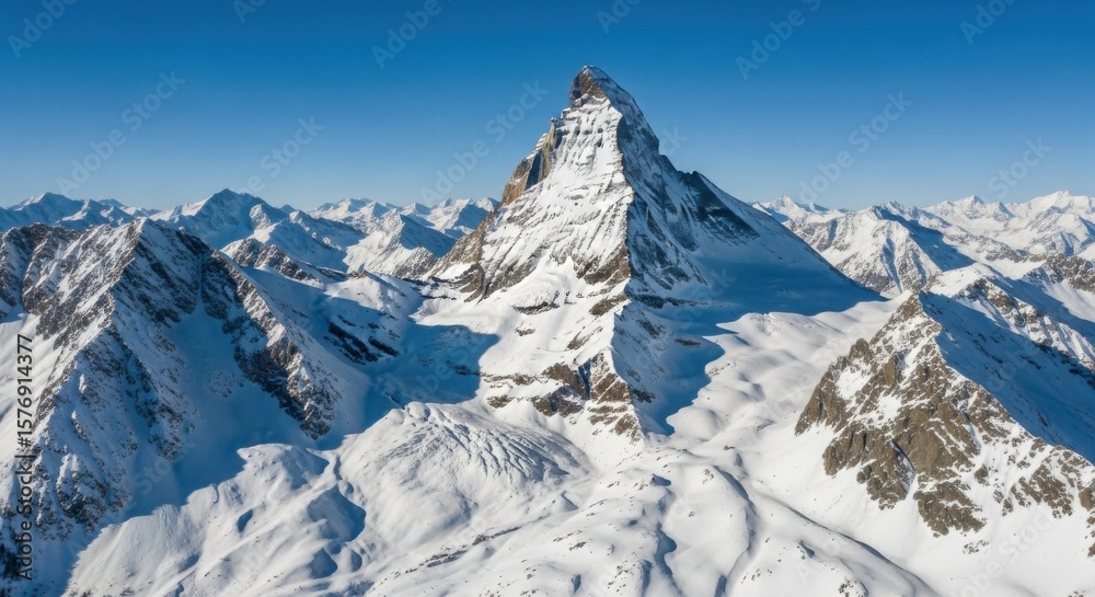Majestic Snow Covered Mountain Peak Under a Clear Blue Sky Majestic Snow Covered Mountain Peak Under a Clear Blue Sky