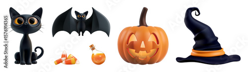 Halloween carved pumpkin characters 3d vector render. Cute cartoon black cat, happy flying bat, spooky scary witch hat, candy potion trick treat. Night friday 13 sale poster element, fun october magic