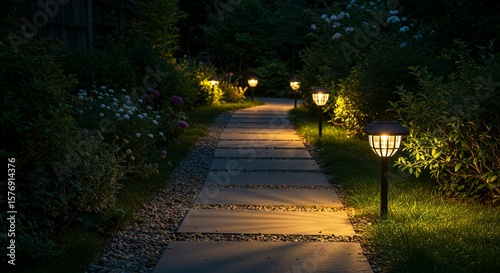 Night garden path with solar lanterns