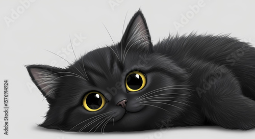 Cartoon illustration of a black cat lying down with big eyes and a cute expression.