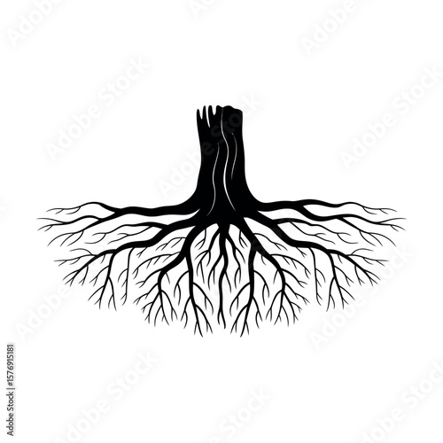 Black tree roots spreading wide white organic