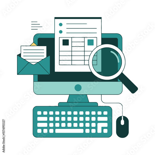 Computer screen with spreadsheet and magnifying glass