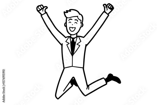 Cartoon Businessman Jumping in Joy - Black and White Line Art Vector Illustration