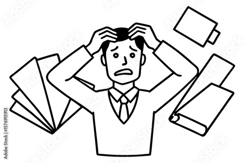 Cartoon Businessman Overwhelmed by Papers - Black and White Line Art Vector Illustration