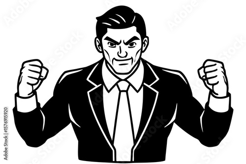 Cartoon Businessman in Angry Pose - Black and White Line Art Vector Illustration