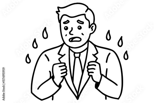 Cartoon Businessman Sweating in Stress - Black and White Line Art Vector Illustration