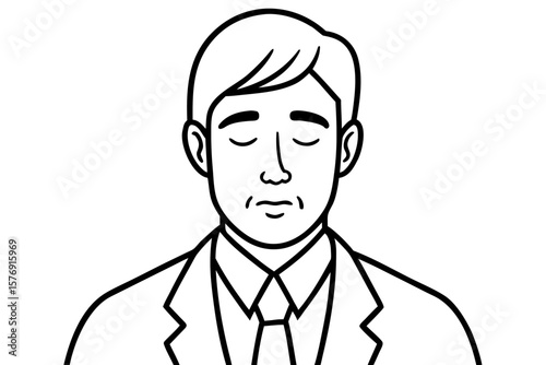Cartoon Businessman Meditating - Black and White Line Art Vector Illustration