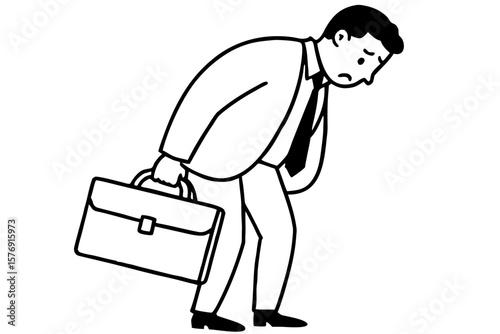 Cartoon Businessman Carrying Briefcase and fell sad - Black and White Line Art Vector Illustration