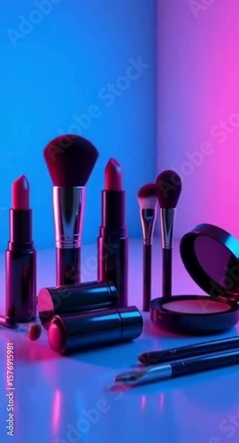 Elegant Makeup Still Life with Vibrant Lighting Featuring Lipsticks Brushes and Compact Powder in a Modern and Artistic Composition for Beauty and Cosmetic Concepts