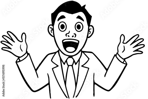 Cartoon Businessman in Excited Pose - Black and White Line Art Vector Illustration