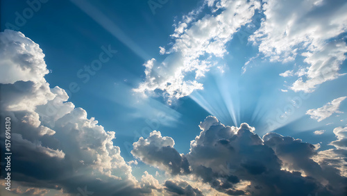 Fototapeta Naklejka Na Ścianę i Meble -  Blue sky with fluffy clouds and sun rays shining through the clouds nature background wallpaper image