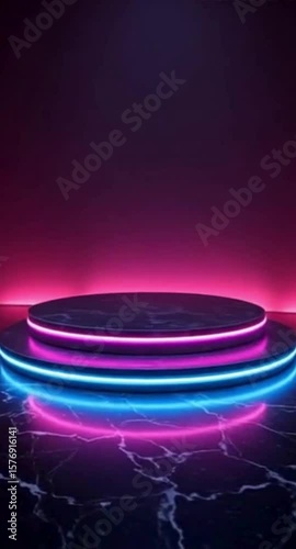 Futuristic Marble Podium with Neon Lights Perfect for Product Display or Digital Presentation Featuring a Sleek Design and Vibrant Colors Against a Dark Background