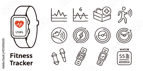 Vector Thin Linear Fitness Tracker Line Icon Set Featuring Smartwatch, Steps Counter, Heartbeat Monitor, Sleep Analysis, GPS Tracking, Water Intake, and Calorie Burn
