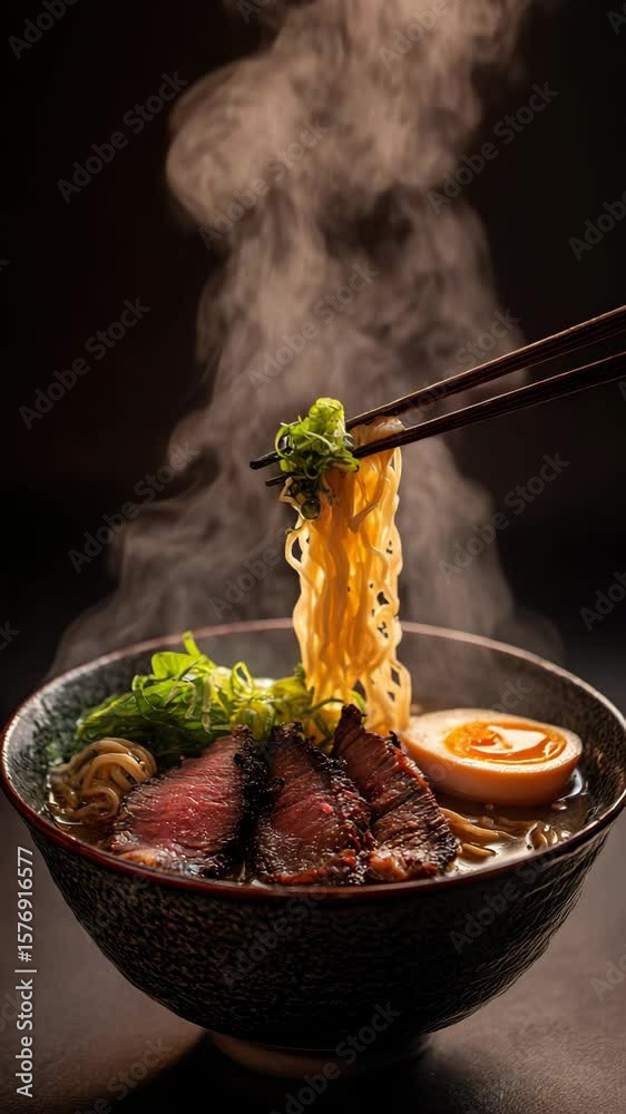 Steaming bowl of ramen noodles with beef, soft boiled egg, and green onions, lifted with chopsticks against a dark background.
