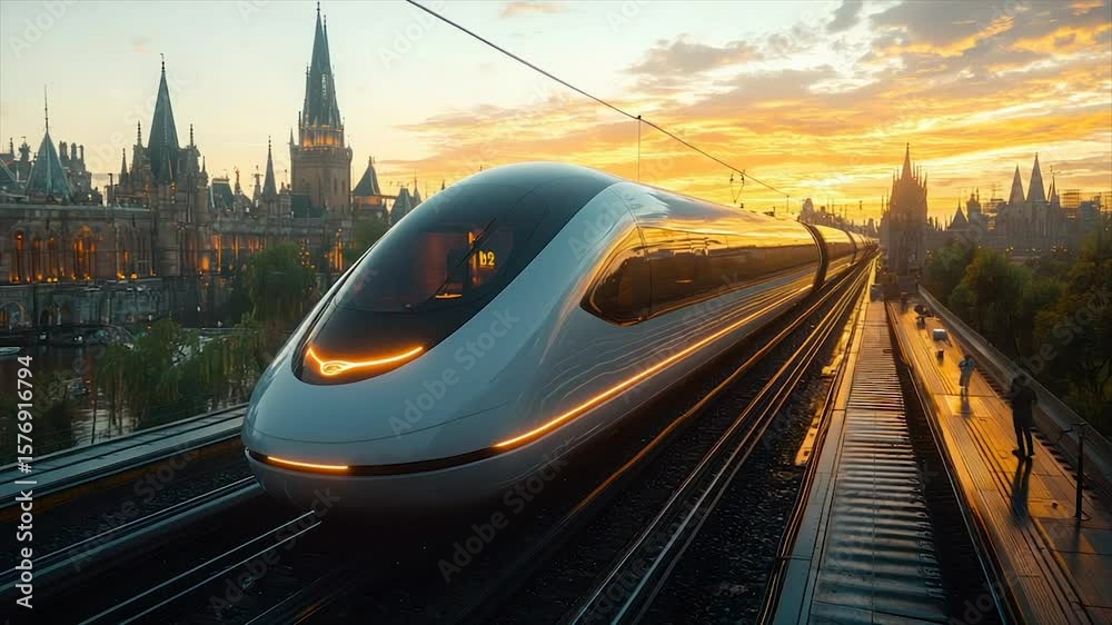 Futuristic high-speed train traversing a city at sunset
