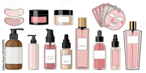 Set of skincare cosmetic products – cream jars, serums, lotion bottles, masks, and patches. Beauty product mockups Flat vector illustration isolated on transparent background.