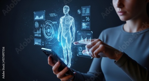 Futuristic healthcare interface displaying human body health metrics and data analysis