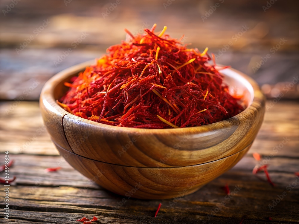 Fototapeta premium Aromatic saffron threads are piled high in a wooden bowl, showcasing their vibrant red color and delicate texture on a rustic wooden table
