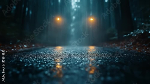 Headlights in the Gloom: A pair of illuminated headlights pierce through a dark and misty road in a deep forest, revealing a path ahead in the cool twilight.