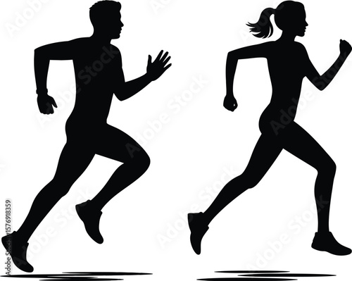 Fitness Running Silhouettes: Active Man and Woman in Dynamic Motion