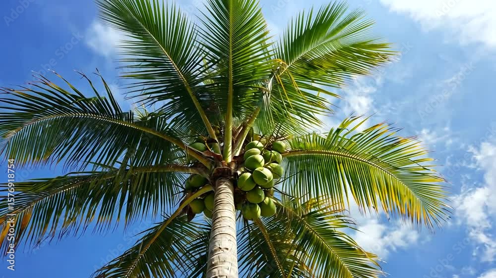 Lush coconut palm tree reaching towards a bright blue sky with fluffy clouds, tropical vibe Lush coconut palm tree reaching towards a bright blue sky with fluffy clouds, tropical vibe