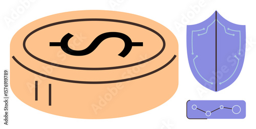 Stylized dollar coin, shield symbolizing security, and chart highlighting financial data. Ideal for finance, investment, data protection, wealth management, cybersecurity, digital economy stability