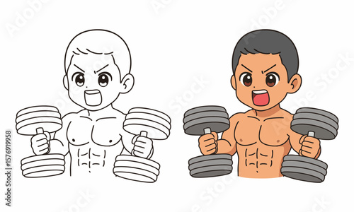 boy holding dumbbell coloring page for kids