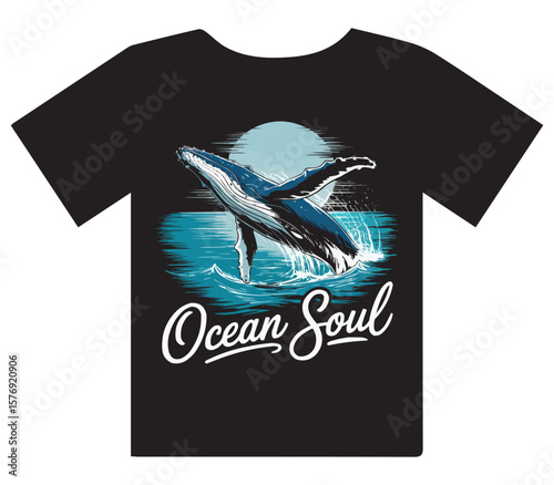 Dynamic whale breaching ocean surface on a stylish t-shirt design for apparel branding