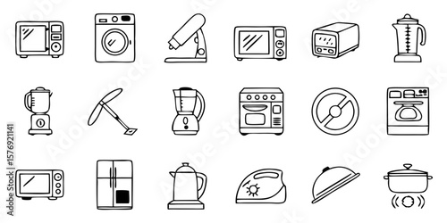 Vector Thin Linear Home Appliance Line Icon Set Featuring Washing Machine, Refrigerator, Blender, Iron, Vacuum Cleaner, Microwave, Air Conditioner, and Coffee Maker