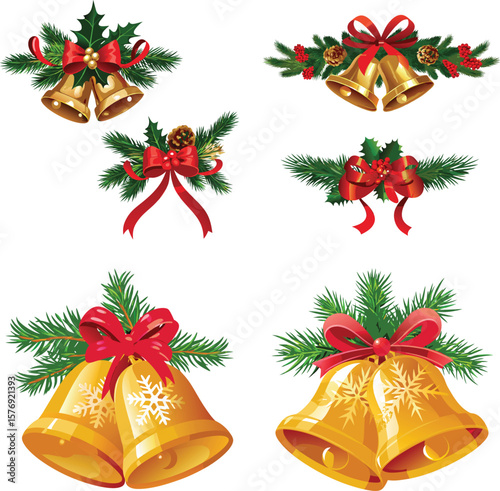 christmas bells with holly and ribbon